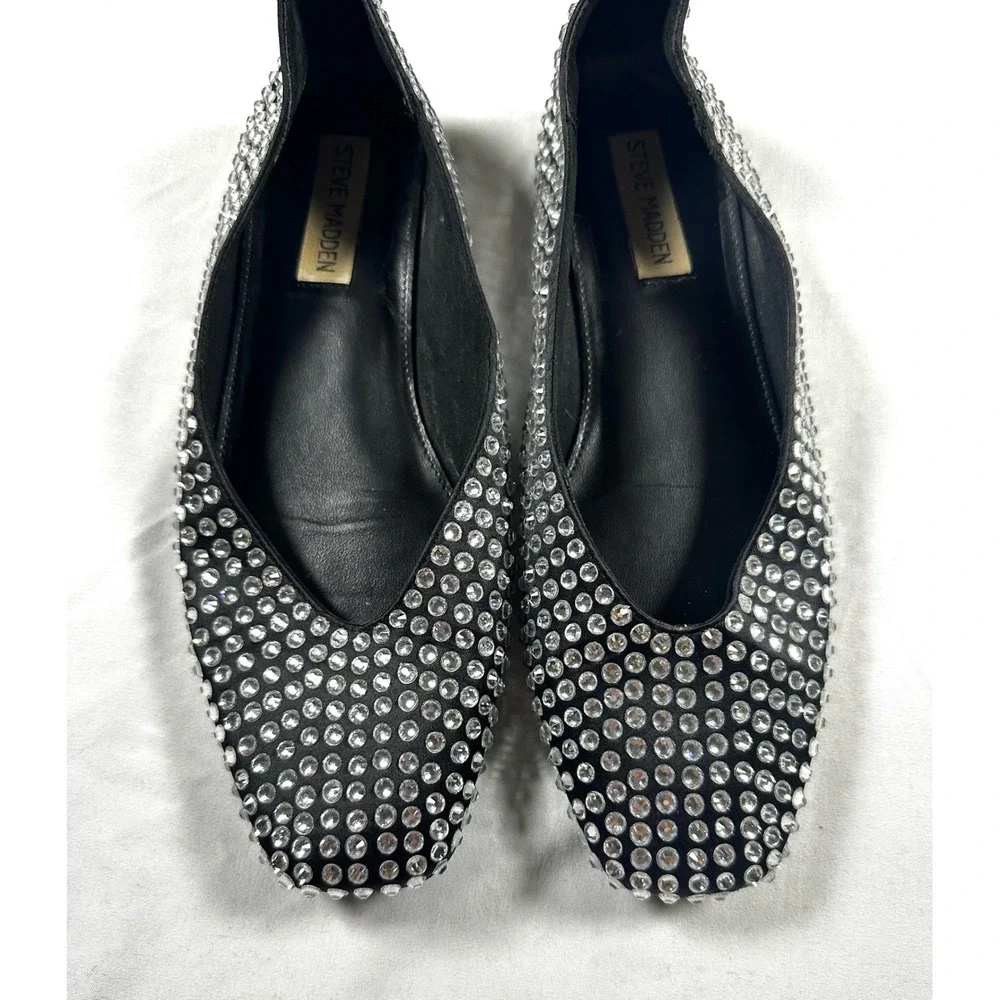 Steve Madden Matais Rhinestone Ballet Flats Black Crystal Square‎ Toe  8M